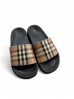 Burberry Black Slides with Signature Tan Plaid Strap